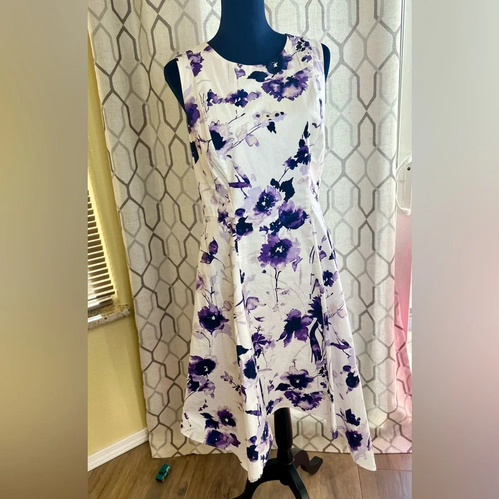 EUC DKNY White & Purple Floral Handkerchief Hem Fit-&-Flare Dress - Picture 5 of 16